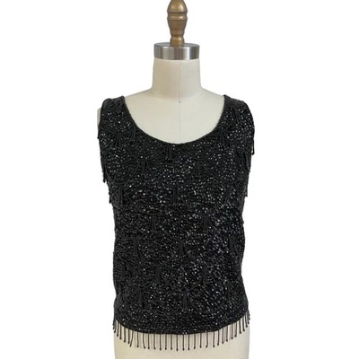 Vintage 1950s Marianne Fashions Black Beaded Wool Shell NWT Fringe Hong Kong L - Image 1 of 4