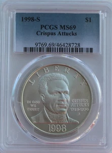 1998-S CRISPUS ATTUCKS $1 COMMEMORATIVE SILVER DOLLAR PCGS MS69 - Picture 1 of 2