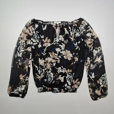 Patrizia Pepe Womens Blouse Top Black UK 12 Floral Sheer Silk Long Sleeves - Image 1 of 4