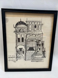 Vintage Framed Wall Art Ink Sketch Drawing Victorian-style House Artist Signed - Picture 1 of 16