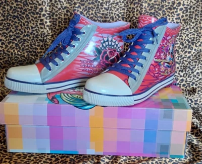 Ed Hardy, Botas de Chuva de Borracha com Cadarço/Hi Top tamanho 6 Caveiras, Excelente Estado - Imagem 1 de 4