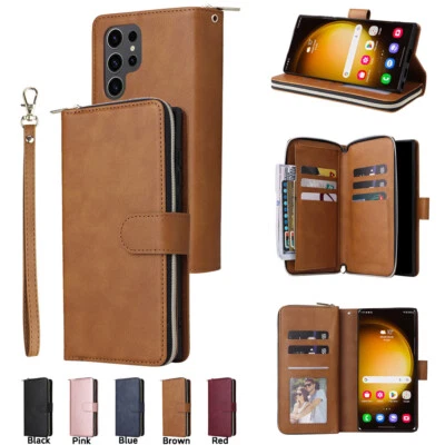 Zipper Magnetic Leather Flip Card Wallet Case For Samsung S25 S24 S23 S22 S21 - Image 1 of 4
