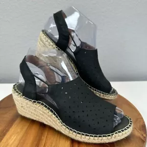 Clarks Espadrille Wedge Sandals Perforated Slingback Black Womens 6.5 Retro - Picture 1 of 8