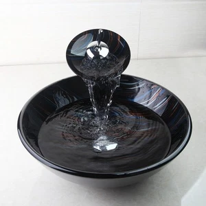 Grifo mezclador de tocador y cascada de vidrio redondo negro grifo cromado - Imagen 1 de 5