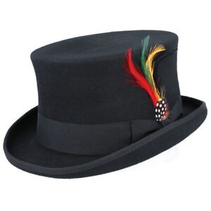 100% Wool Felt Top Hat  Handmade Quality Top Wedding Removable Satin Black Hat