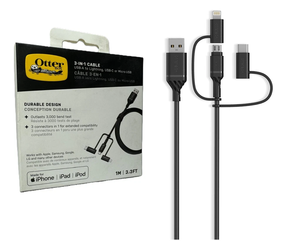 OTTERBOX Reinforced Strong MFI Certified 3 in 1 Cable Charger 1M Lead Universal - Image 1 of 3