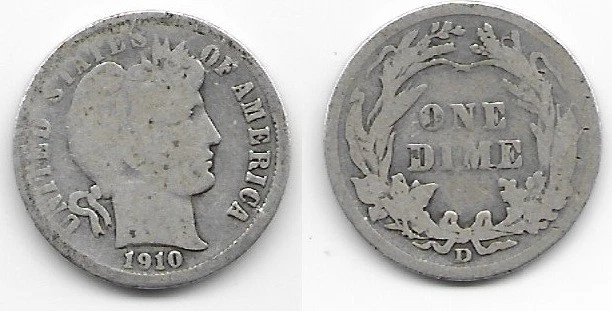 1910 D 1910-D Barber Dime G good 10C 10 cents Denver - Image 1 of 1