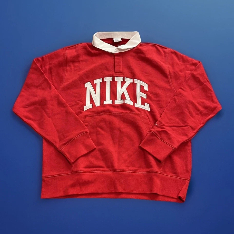 Nike Club Fleece Polo Mens Size Large (L) Long Sleeve Red White FN3112-657