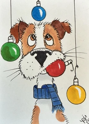 Pintura em miniatura original ACEO arte externa PJR “demais bolas” cachorro filhote - Imagem 1 de 2