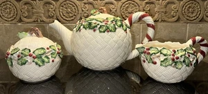 Fitz Floyd Old World Christmas Holly 1989 Teapot Sugar and Creamer Basket Weave - Picture 1 of 12