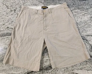 RALPH LAUREN RUGBY SEERSUCKER SHORTS MENS SIZE 36 TAN WHITE STRIPE BUCKLE BACK - Picture 1 of 11