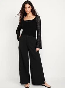 Pantalones súper anchos de gasa arrugada cintura alta negros azul marino antiguo talla mediana #683348 nuevos con etiquetas - Imagen 1 de 14