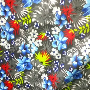 Grey Tropical Hawaiian Print Fabric Blue Hibiscus Floral Poly Cotton 58" By Yard - Picture 1 of 3