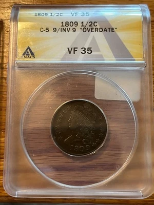 1809/6  Classic half cent , C-5, Overdate , VF-35 , scarce ! - Image 1 of 4