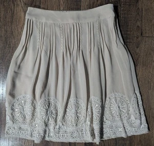 Chicos Womens Fit & Flare Taupe Skirt Beaded Embroider Accents Sz 1 (L) Side Zip - Picture 1 of 15