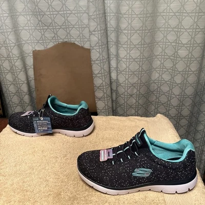 Skechers Summits Fresh Take 鞋女式黑色蓝绿色舒适懒人鞋 7 码全新 — 第 1/4 张图片