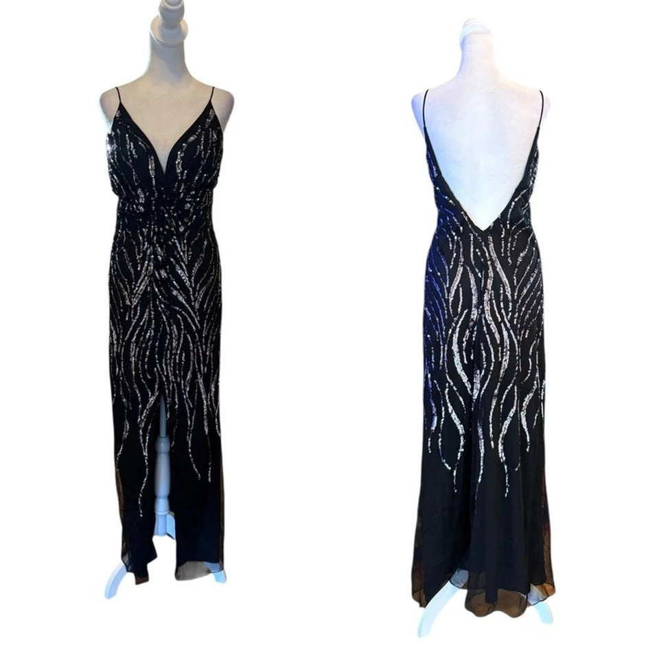 Sean Collection Black Silver Sequin Maxi Dress Open Back Chiffon Womens Large - Image 1 of 4