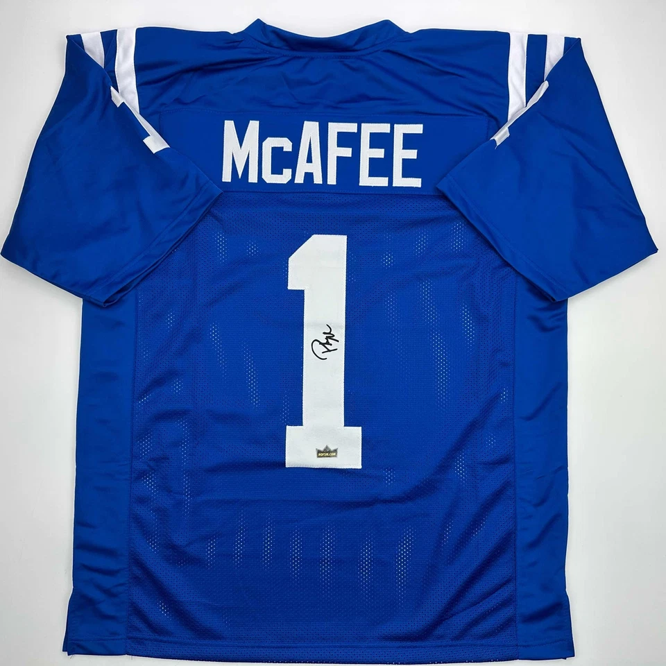 Facsimile Autographed Pat McAfee Indianapolis Blue Football Jersey Size Men's XL - Image 1 of 4
