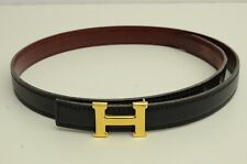 Authentic Hermes Thin H Logo Emblem GP Gold Buckle VTG Black Burgundy Leather 65