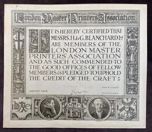 London Master Printers Association 1948 Membership Certificate H&G Blanchard - Picture 1 of 3