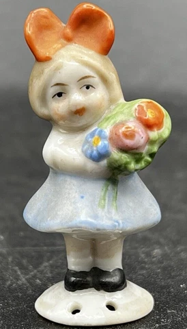 German Porcelain Pin Cushion Half Doll-A Standing Little Girl With Flowers Cover