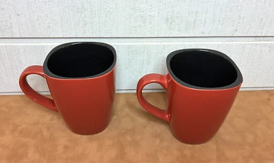 (2) CORELLE Hearthstone Square 4 5/8" Coffee Mugs Chili Red & Black Stoneware - Image 1 of 4