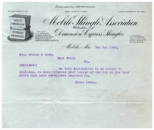 1893 Mobile Alabama Cypress Roofing Shingle Assoc. Out of Business Letterhead YY - Picture 1 of 2