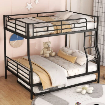 Full XL Over Queen Metal Bunk Bed, Heavy Duty Bunk Bed Frame with Trundle Black - Image 1 of 4