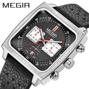 MEGIR Square Dial Chronograph Quartz Watches for Men Leather Strap Wristwatch - Picture 1 of 12
