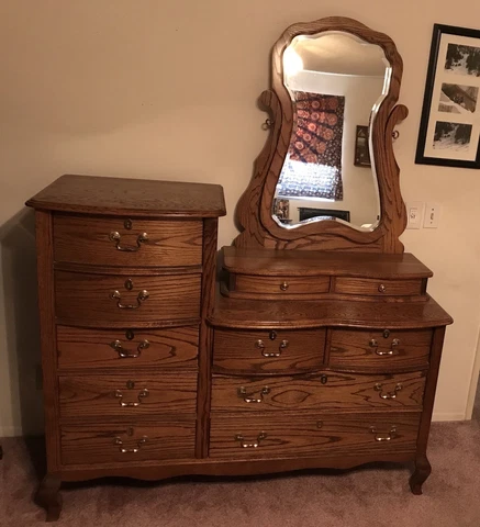 BROWNWOOD FURNITURE Vintage Oak Wood Dresser with Tilt Mirror LOOKS NEW Cover