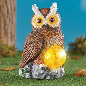 Solar LED Brown Owl Crackle Glass Ball Garden Statue Figurine Outdoor Yard Decor - Picture 1 of 4