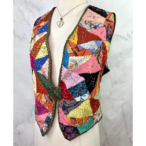 Vintage 60er Seide Patchwork Weste L Handarbeit Crazy Quilt Weste Hipster Germany Schnalle - Bild 1 von 24