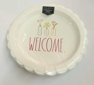 New 16 Luncheon Paper Plates Rae Dunn WELCOME 10.5" Scalopped Edges 3 Vases - Picture 1 of 11