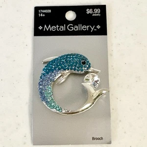 Metal Gallery Dolphin Pin Brooch With Aqua Blue Rhinestones New - Picture 1 of 3