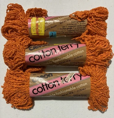 Lote de 3 madejas vintage de hilo de rizo de algodón Caron mismo tinte naranja H500 mandarina Foto 1 de 3
