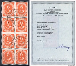 BRD 1951 Mi.126 Achterblock gestempelt geprüft Attest BPP "Posthorn aus 123-138" - Bild 1 von 4