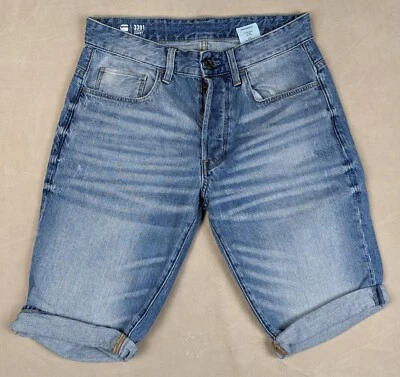 Pantalones cortos de jean G-Star Raw 3301 29x12 para hombre ajustados con puños lavados a la piedra Foto 1 de 4
