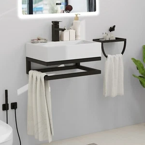 21" Wandmontage Keramik Gefäß Waschbecken mit Handtuchhalter Schwimmend Badezimmer Becken Schüssel - Bild 1 von 19