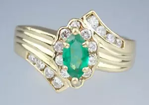 Fabulous Vintage Retro Solid 14K Gold 0.25ct Emerald Diamond Gemstone Ring Sze 7 - Picture 1 of 20