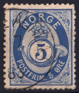 U9812 NORWAY 1877 Definitive issue posthorn 5 ore blue  Michel 24 used - Picture 1 of 1