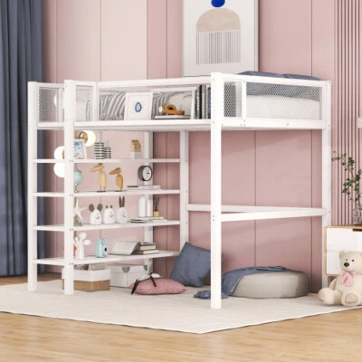 Metal Loft Bed w/ Storage Shelves Twin Size Loft Bunk Bed Frames for School Dorm - Image 1 of 4