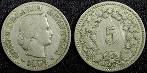 SWITZERLAND Copper-Nickel 1897 B 5 Rappen Mintage-500,000 KM# 26 (23 393) - Picture 1 of 3