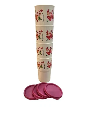 Tupperware Tabletop Tumblers With Pink Liquid Tight Seal Butterfly Pattern - Image 1 of 4