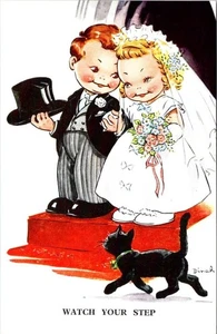 Watch Your Step BRIDE & GROOM/BLACK CAT  Artist~Dinah  RAPHAEL TUCK Postcard - Picture 1 of 2
