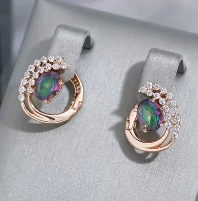 Luxus Ohrringe Huggie 585er Rolled Roségold Walzgold Rundeform mit buntem Zirkon - Bild 1 von 4