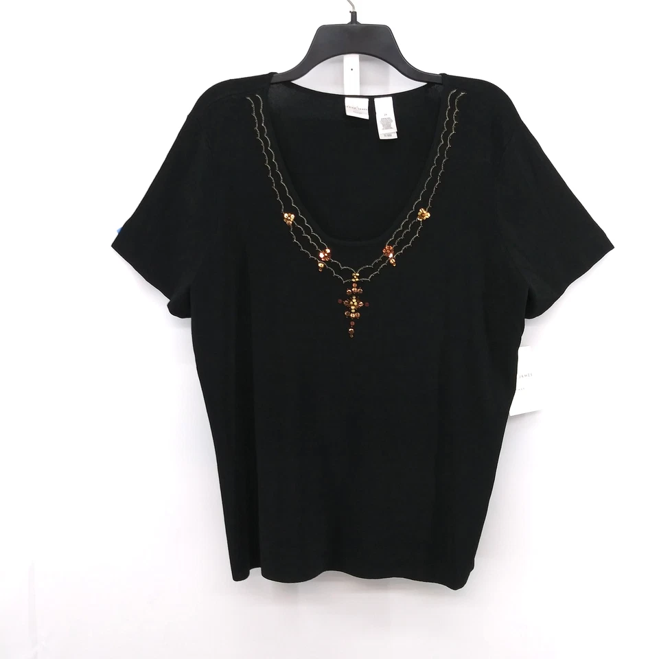 Camisa Emma James para mujer 2X negra con cuentas adornada cuello redondo manga corta nueva con etiquetas Foto 1 de 4