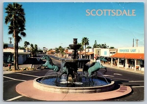 Postcard Arizona Scottsdale Fountain Five Bronze Horses 22C - Picture 1 of 2
