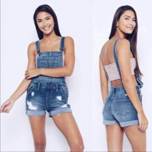 NWT's KANCAN Distressed Stretch Denim Short Overalls Size Large - Picture 1 of 11