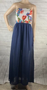Vanilla Bay Strapless Maxi Dress Juniors Medium Neon Orange Floral Sheer Blue - Picture 1 of 12