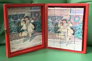 Vintage hölzernes Weihnachtsblockpuzzle in roter Holzkiste, viktorianische Kinderszene - Bild 1 von 13